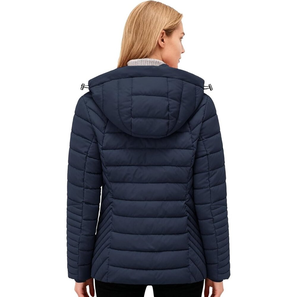 Women's Dark Blue Quilted Hood Down Jacket Coat Detachable Warm Winter Travel - Picture 4 of 5